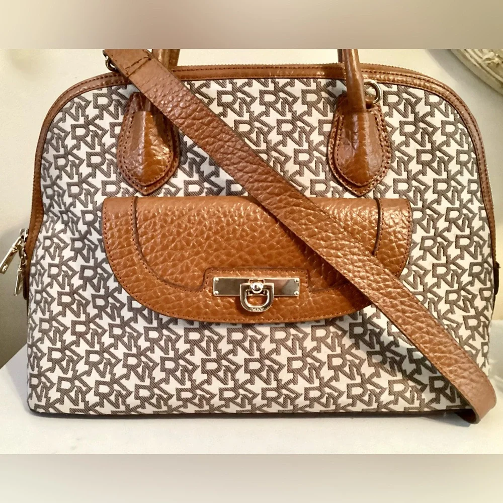 DKNY Large Tan & Brown Dome Monogram Satchel Bag w Strap - Picture 2 of 15